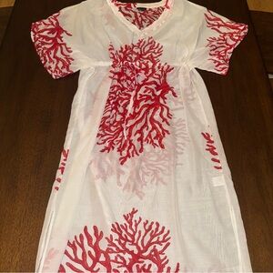 Talbots Red White Coral Print Beach Cover-Up Caftan Size Small Full Length